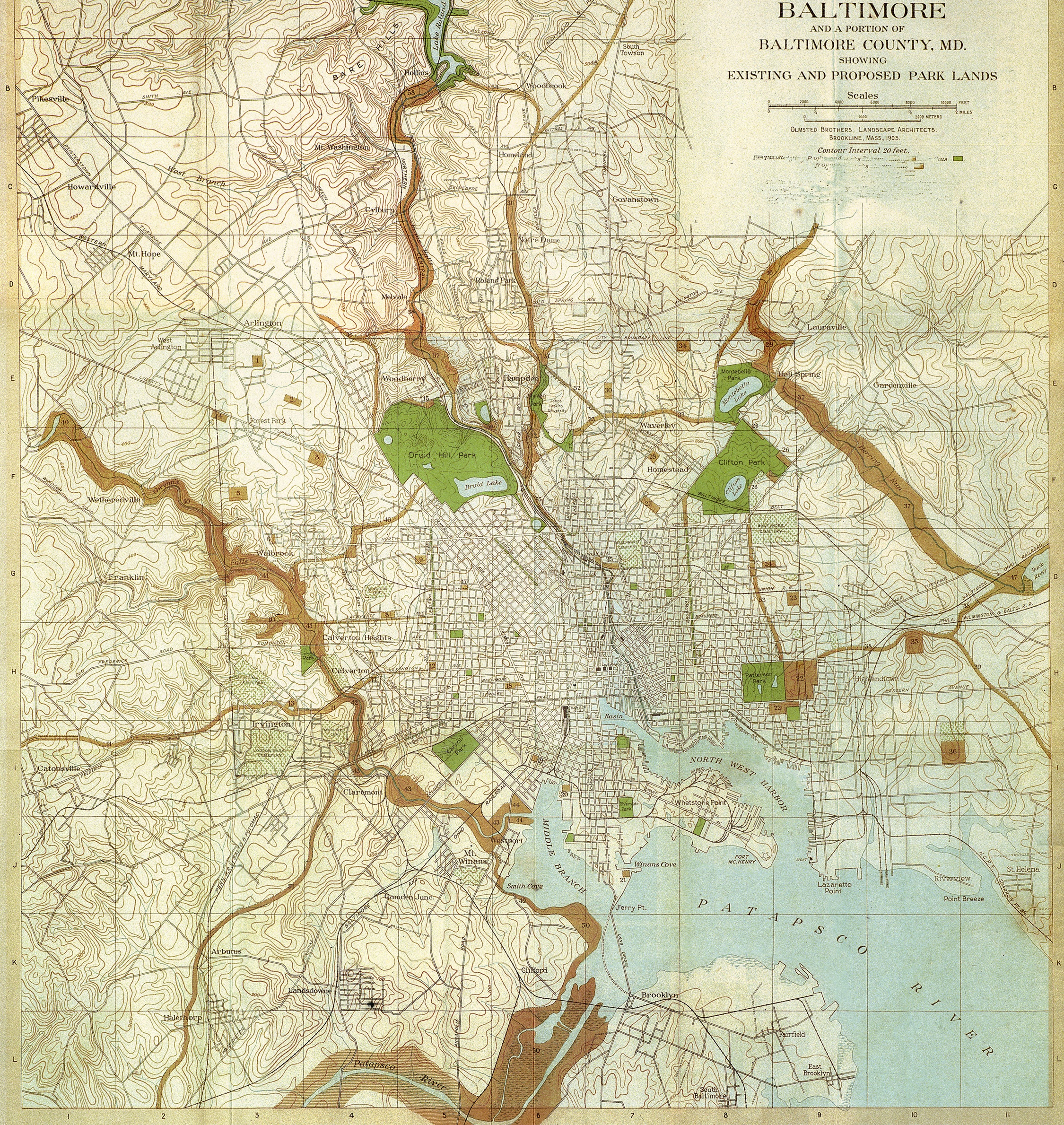 Map from the 1904 report on recommendations for Baltimore's park system by the Olmsted Brothers, under the direction of Frederick Law Olmsted, Jr. The report highlighted the importance of securing the stream valleys as natural corridors and protected watersheds. A copy of the map is included in the reprint edition of the 1904 report (available for purchase; see the Publications page of the web site).